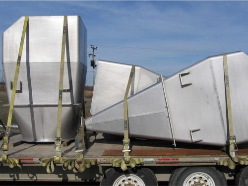 Stainless steel hoppers.